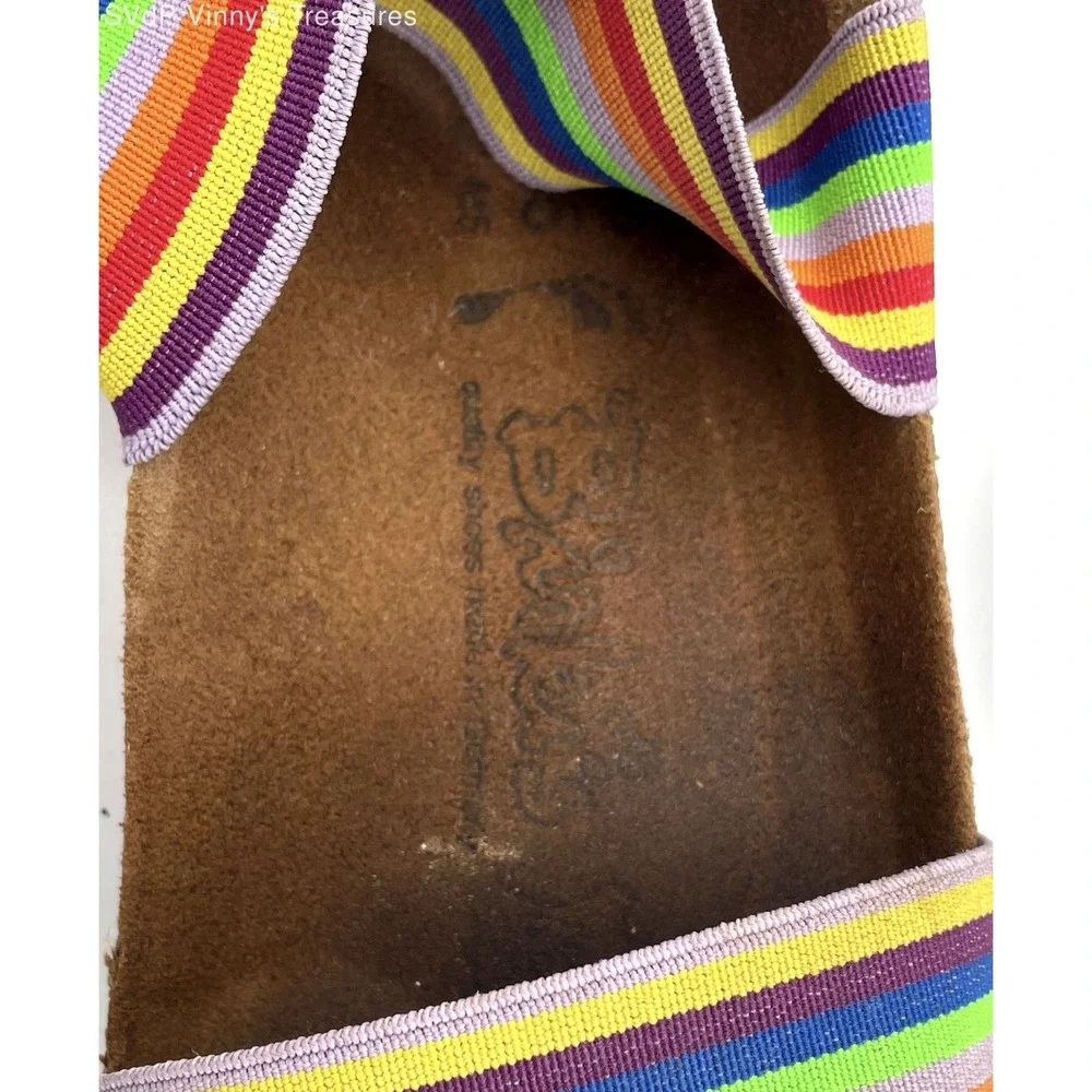 Birkis Multicolor Rainbow Stripe Leather and Elastic Straps Slide Sandal Women 7